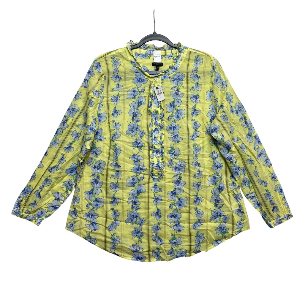 Talbots Blouse Womens X Yellow Floral Striped Ruffle Button-Down 185 02 00